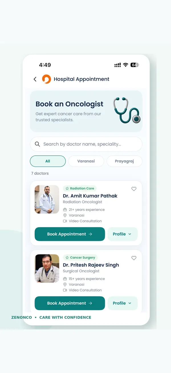 ZenOnco Cancer Care app appointment booking screen