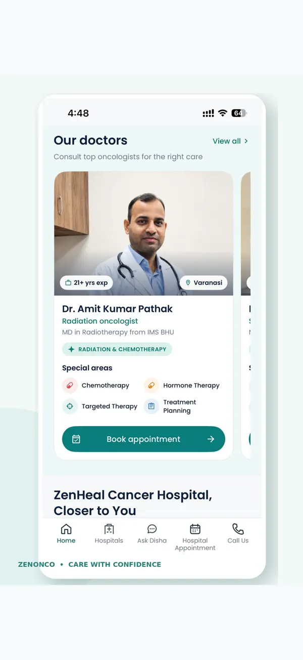 ZenOnco Cancer Care app doctors screen with oncologist profiles and appointment booking