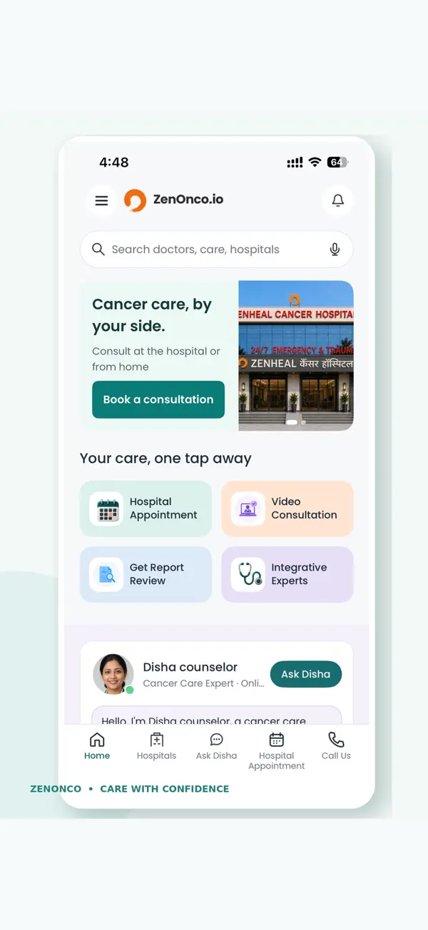ZenOnco Cancer Care app home screen with consultation, report review and care options