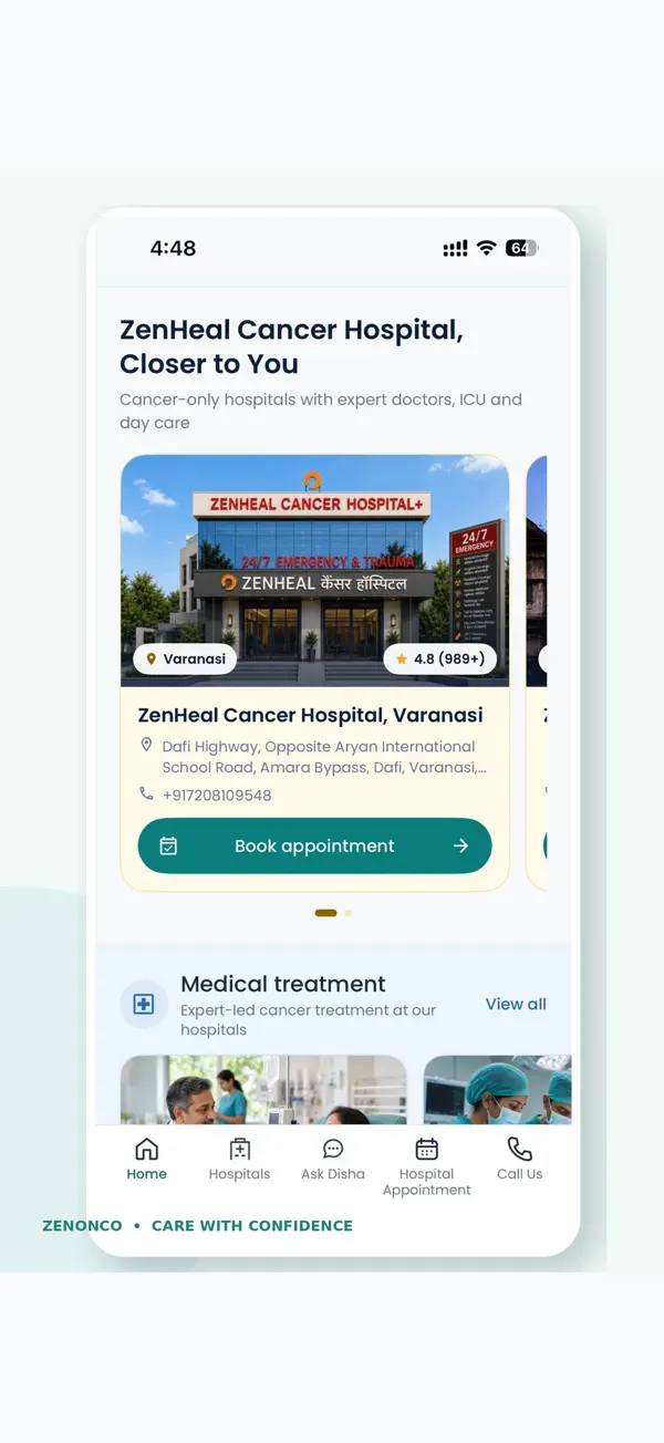 ZenOnco Cancer Care app hospital information screen