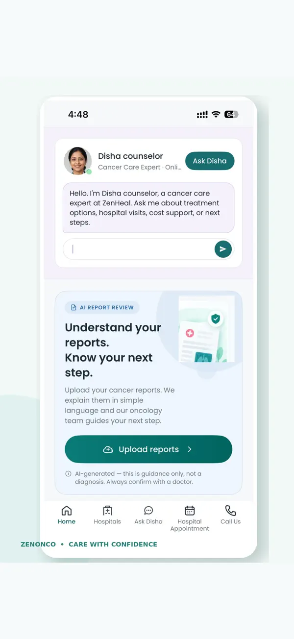ZenOnco Cancer Care app report upload and counselor screen